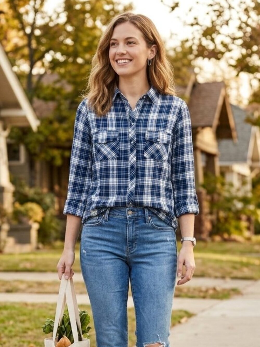 Kut from the Kloth Women’s Blue Plaid Button Down Long Sleeve Shirt 3622